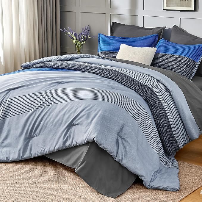 Andency Queen Size Comforter Set 7 Pieces - Blue Grey Patchwork Lightweight Bed in a Bag, Soft Fully Patchwork All Season Bedding Set with Comforter, Fitted & Flat Sheet, Pillowcases & Shams