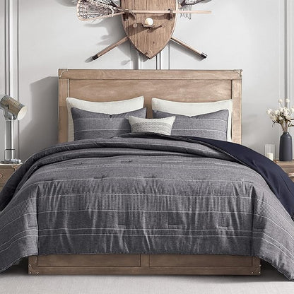 Wonderful Denim Navy Comforter Set Queen Size, Yarn Dyed Farmhouse Striped Linen Blended Lightweight Comforter with Pillow Shams, Blue Gray Fluffy Cabin Bedding Set for All Season