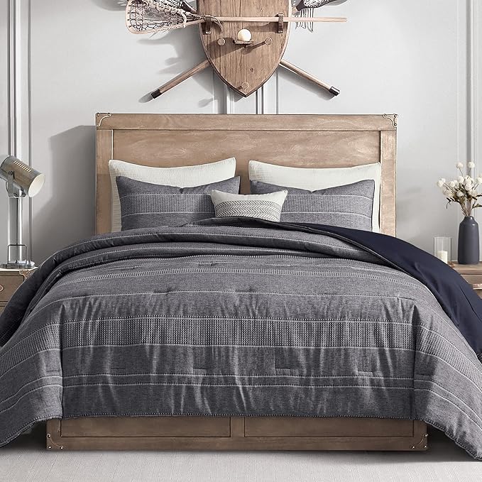 Wonderful Denim Navy Comforter Set King Size, Yarn Dyed Farmhouse Striped Linen Blended Lightweight Comforter with Pillow Shams, Blue Gray Fluffy Cabin Bedding Set for All Season