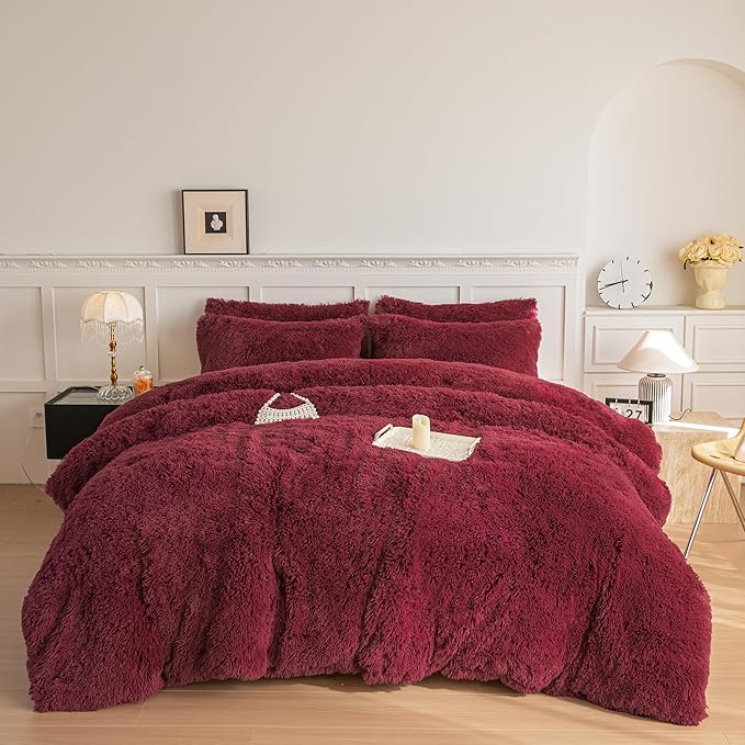 chovy Faux Fur Plush Wine Red Comforter Sets Twin/Full Size - Ultra Soft Shaggy Flannel Velvet Fluffy Fuzzy 3PC Bedding Set (Comforter x 1 Pillowcases x 2)