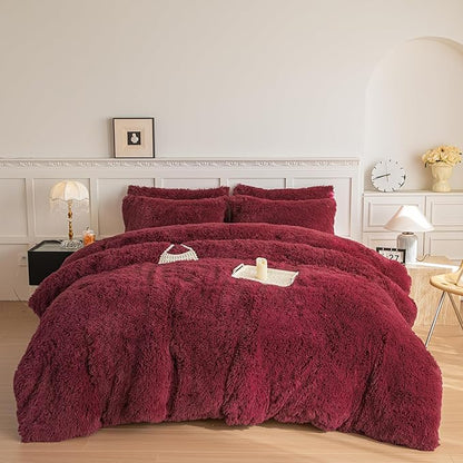 chovy Faux Fur Plush Wine Red Comforter Sets Queen - Ultra Soft Shaggy Flannel Velvet Fluffy Fuzzy 3PC Bedding Set (Comforter x 1 Pillowcases x 2)
