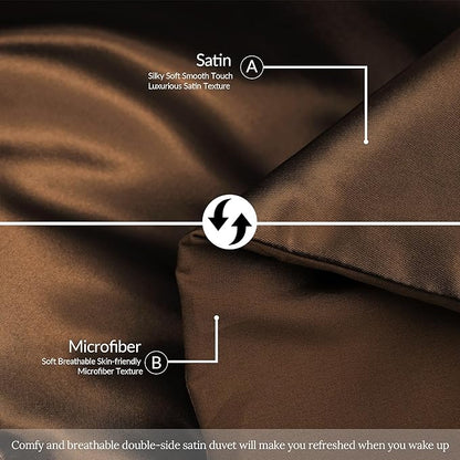 Whale Flotilla 3-Piece Reversible Silky Soft King Size Comforter Bedding Set, Luxurious Satin Comforters Oversized with 2 Satin Pillowcases, Lightweight Duvet for All Seasons, Brown