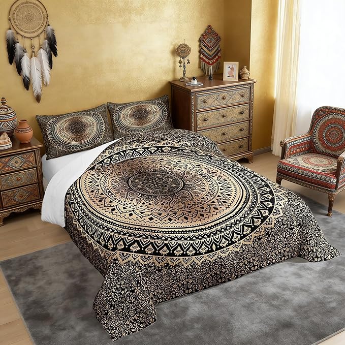 Castle Fairy Brown Black Mandala Comforter Set Twin Size,Boho Paisley Duvet Insert for Kid Teen Boys Girls Room Decor,Art Boho Quilted Duvet,Hippie Mandala Quilt Cover with 1 Pillowcase