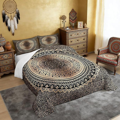 Castle Fairy Brown Black Mandala Comforter Set Twin Size,Boho Paisley Duvet Insert for Kid Teen Boys Girls Room Decor,Art Boho Quilted Duvet,Hippie Mandala Quilt Cover with 1 Pillowcase
