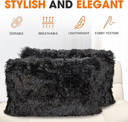 Cheer Collection Throw Pillows for Couch and Bed, Soft Shaggy Throw Pillows with Inserts Included, Cozy Long Hair Faux Fur Pillows - Set of 2-12" x 20" - Black