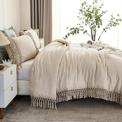 Andency Beige Comforter Set California King, 3 Pieces Boho Tassel Lightweight Soft Bedding Comforter Sets for King Bed, All Season Fluffy Fringe Bed Set (104x96In Comforter & 2 Pillowcases)