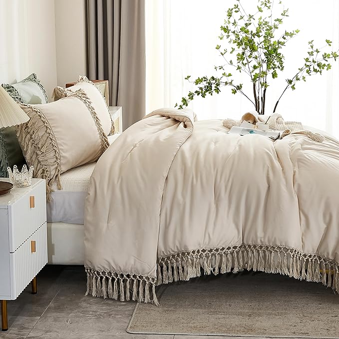 Andency Full Size Comforter Sets Beige, 3 Pieces Boho Bed Comforter Full, Lightweight Tassel Bedding Comforter Set, All Season Bed Set (79x90In Comforter & 2 Pillowcases)