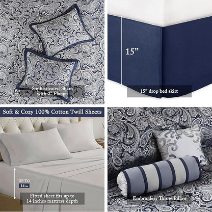 Madison Park Aubrey Cozy Comforter Set, Faux Silk Jacquard Paisley Design - All Season Down Alternative Bedding with Cotton Bed Sheets, Bed Skirt & Toss Pillows, King Navy 12 Piece