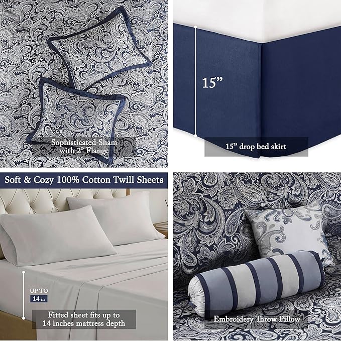 Madison Park Aubrey Cozy Comforter Set, Faux Silk Jacquard Paisley Design - All Season Down Alternative Bedding with Cotton Bed Sheets, Bed Skirt & Toss Pillows, Queen Navy 12 Piece