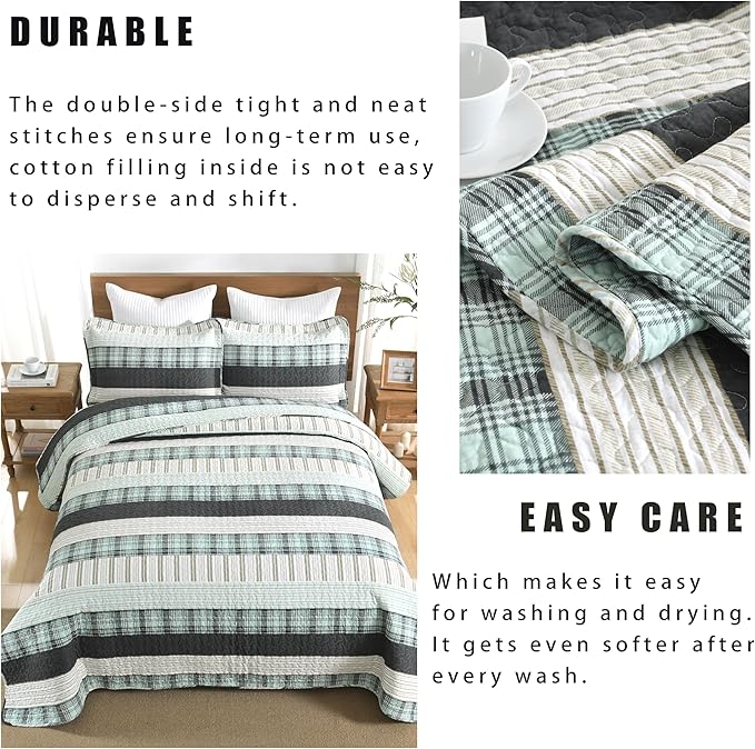 Homzard King Comforter，Cotton King Size Quilt，Teal Black Beige Bedding Set，Plaid Striped Bedspread，Lightweight Reversible Coverlet All Season 3 Pieces