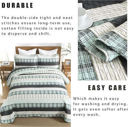 Homzard Queen Comforter Set，Cotton Quilts Queen Size，Teal Black Beige Bedding，Plaid Striped Bedspread，Lightweight Reversible Coverlet All Season 3 Pieces