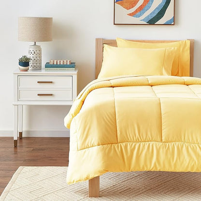 Sweet Home Collection 5 Piece Comforter Set Bag Solid Color All Season Soft Down Alternative Blanket & Luxurious Microfiber Bed Sheets, Yellow, Twin
