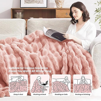 Heated Blanket Throw 50''x60'', Fast Heating Electric Blanket Ultra-Soft Faux Rabbit Fur with 5 Heat Levels & 5H Auto Shut-Off, Overheat Protection, Machine Washable