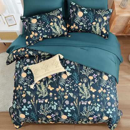 Yiran Comforter Set Queen Size, 7 Piece Peacock Blue Floral Comforters Lightweight Bedding Set Bed in a Bag Soft Microfiber Complete Botanical Beds Sets with Sheets for All Season Winter Spring