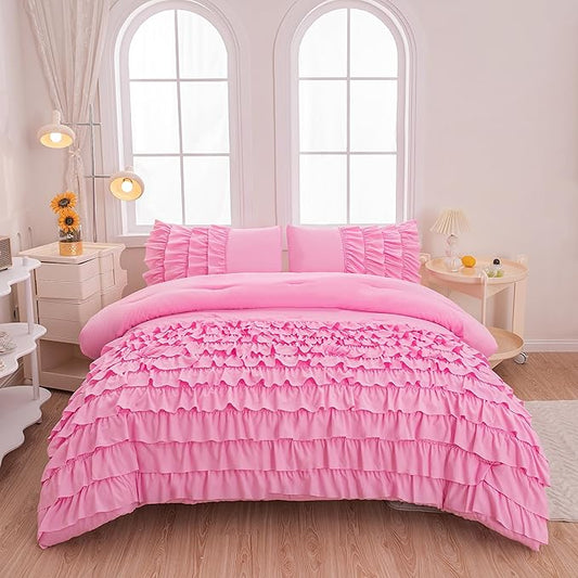 MWMWMW Full Size Comforter Set for Girls Kids, 3Pcs Pink Comforter Set Full, Blush Pink Princess Bedding, Vintage Soft Boho Chic Bedding for All Season