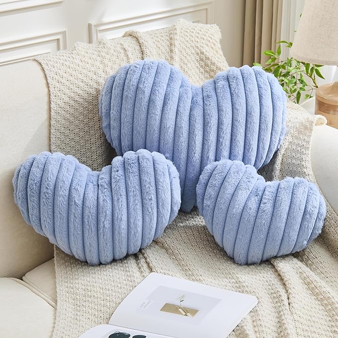 Heart Pillows Heart Decorative Pillow Soft Fluffy Heart Shaped Dusty Blue Throw Pillows with Faux Rabbit Fur Aesthetic Room Decor Cute Pillow for Valentines Mother's Day