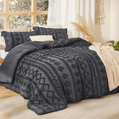 Bedsure Tufted Boho Comforter Set California King Size - Dark Grey Boho Bed Set, GentleSoft™ 3 Pieces Farmhouse Shabby Chic Embroidery Bedding, Gifts for Woman, Soft Jacquard Comforter for All Seasons