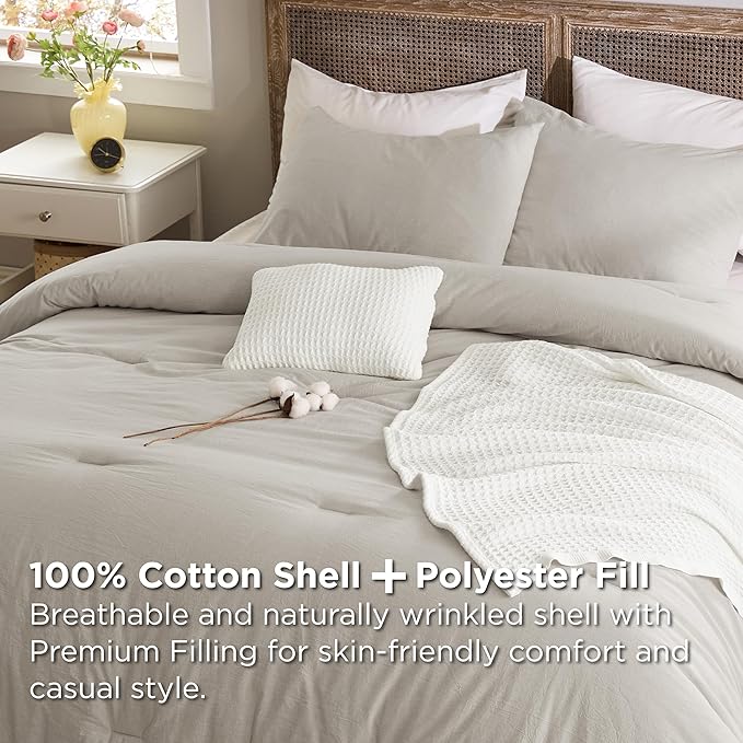 Bedsure 5 Pieces Cotton Comforter Set with Waffle Throw Blanket - Soft Breathable Bedding Set for All Seasons, Beige Comforter King Size, Pillow Shams, White 100% Cotton Blanket, Throw Pillow