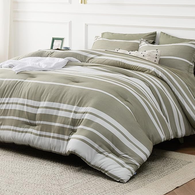 Bedsure Queen Comforter Set 7 Pieces, Olive Green Striped Bedding Set for All Seasons, Reversible, Cationic Dyeing Bed in a Bag with Comforter, Sheets, Pillowcases & Shams