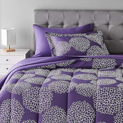 Amazon Basics 5-Piece Lightweight Microfiber Comforter Set with Sheets, Bed-in-a-Bag, Purple Floral Bedding, Twin/Twin XL