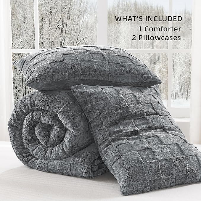 Litanika Fluffy Full Size Comforter Set Light Grey，3 Pieces Warm Sherpa Fleece Winter Bedding Set, Jacquard Checkered Plush Fuzzy Bed Set(1 Comforter, 2 Pillowcases)