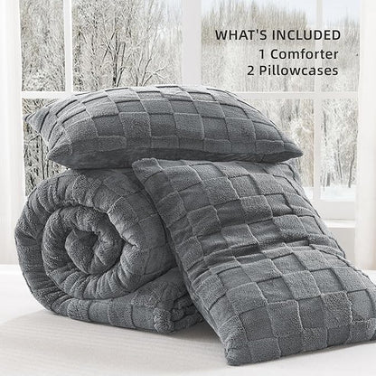 Litanika Fluffy Full Size Comforter Set Light Grey，3 Pieces Warm Sherpa Fleece Winter Bedding Set, Jacquard Checkered Plush Fuzzy Bed Set(1 Comforter, 2 Pillowcases)