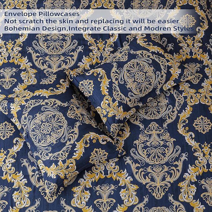 WONGS BEDDING Blue Gold Comforter Set King Size, Damask Texture 7 Pieces Bed in a Bag Microfiber Comforter Bedding Sets -1 Comforter, 1 Flat Sheet, 1 Fitted Sheet, 2 Pillow Shams, 2 Pillowcases