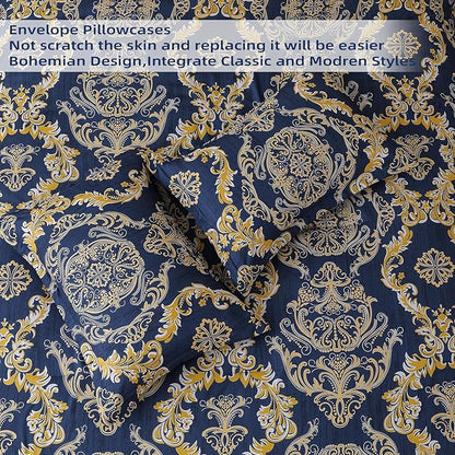 WONGS BEDDING Blue Gold Comforter Set Queen Size,Damask Texture 7 Pieces Bed in a Bag Microfiber Comforter Bedding Sets -1 Comforter, 1 Flat Sheet, 1 Fitted Sheet, 2 Pillow Shams, 2 Pillowcases