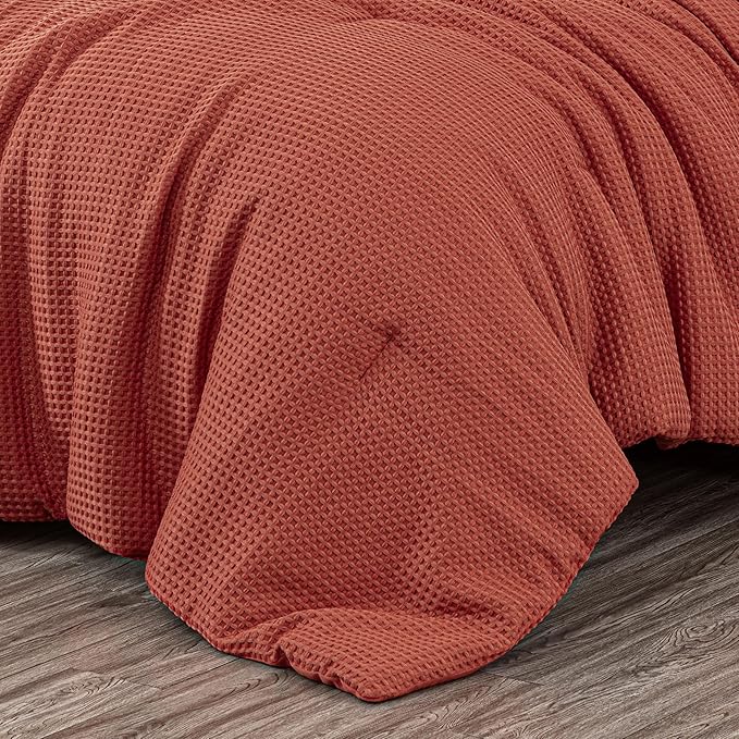 Chezmoi Collection Wilmer 3-Piece Oversized King Comforter Set, Terracotta, Soft and Cozy Lightweight Waffle Weave Comforter Bedding for All Season