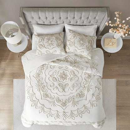 Madison Park Violette Chenille Cotton Tufted Comforter Large Medallion Design, All Season, Hypoallergenic, Soft Bedding Set, Matching Sham, Full/Queen, Ivory/Taupe 3 Piece