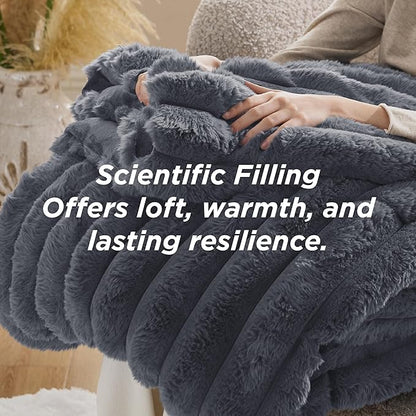 Bedsure Faux Fur Queen Comforter Set - Grey Fluffy Comforter Queen Size, Soft and Cozy Shaggy Winter Bedding Comforter Sets, Warm Luxury Fuzzy Bed Set 3 Pieces, 1 Comforter and 2 Pillowcases