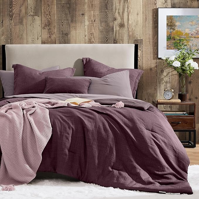 Geniospin Purple King Comforter Set - 7 Pieces Egglant Comforter King Size, Soft Solid Bedding Set for All Season, Textured Bed in a Bag with Sheets