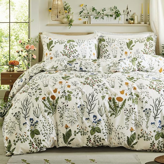 Green Comforter Set Queen, 100% Cotton Reversible Floral Pattern Comforter Set 3 Pcs Soft Cotton Lightweight Comforter All Season Soft & Breathable Green Bedding Set