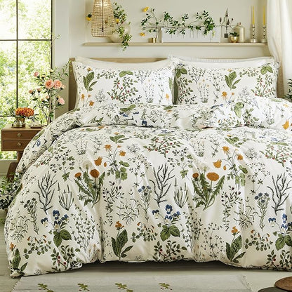 Green Comforter Set Queen, 100% Cotton Reversible Floral Pattern Comforter Set 3 Pcs Soft Cotton Lightweight Comforter All Season Soft & Breathable Green Bedding Set