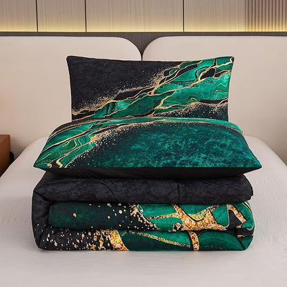 Tailor Shop Black Green and Gold Bedding Sets Full Size for Women Girls Color Ripple Printed Marble Comforter Set with 1 Comforter 2 Pillowcases…