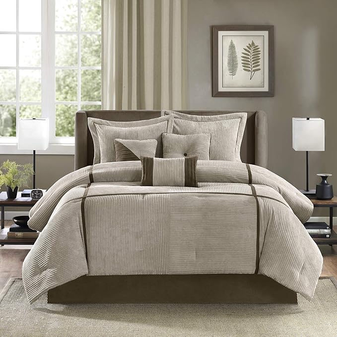 Madison Park Cozy Comforter Set Casual Blocks Design All Season, Matching Bed Skirt, Decorative Pillows, Queen(90"x90"), Dallas Corduroy, Taupe Brown, 7 Piece