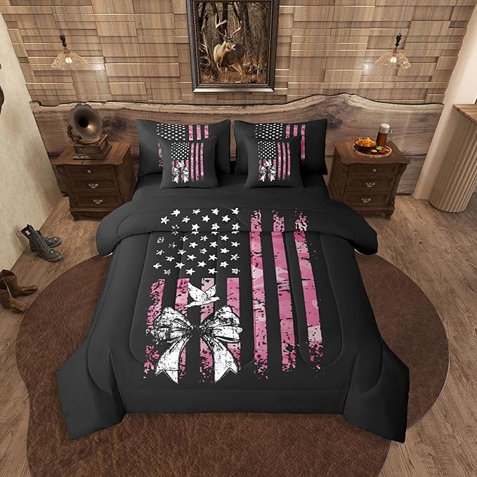 Erosebridal Camo King Comforter Set Bowknot 7-Piece Bed in A Bag Bow Military American Flag Pigeons Birds Sheets and Pillowcases Black White Pink Bed Sets