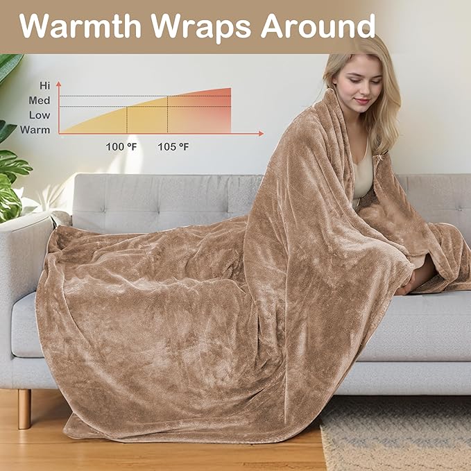 Electric Heated Blanket Full Size 72"x84",Fast Heating Throw, Soft Plush Microplush for Bed & Couch, 10 Hours Auto Off & 4 Heating Levels, Machine Washable, Gifts for Grandma & Family-Dark Camel