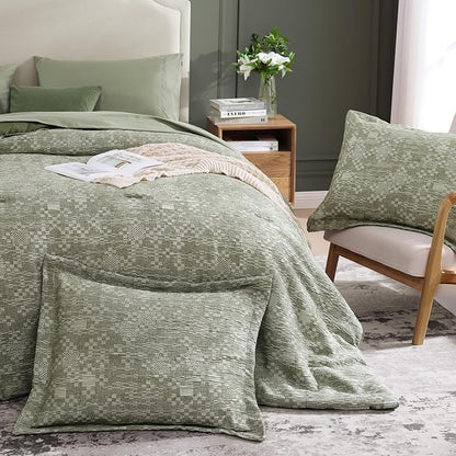 MaiRêve Queen Comforter Set Olive Green, Crinkle Textured Design Bedding Set 7 Pieces Bed in A Bag, All Season Farmhouse Comforter Set with Sheets, Pillowcases & Shams