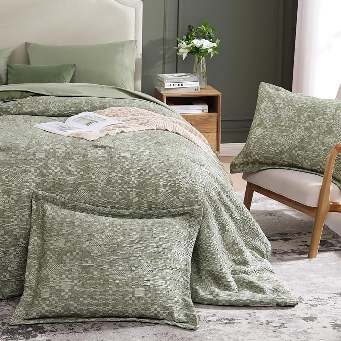 MaiRêve Full Size Comforter Set Olive Green, Crinkle Textured Design Bedding Set 7 Pieces Bed in A Bag, All Season Farmhouse Comforter Set with Sheets, Pillowcases & Shams