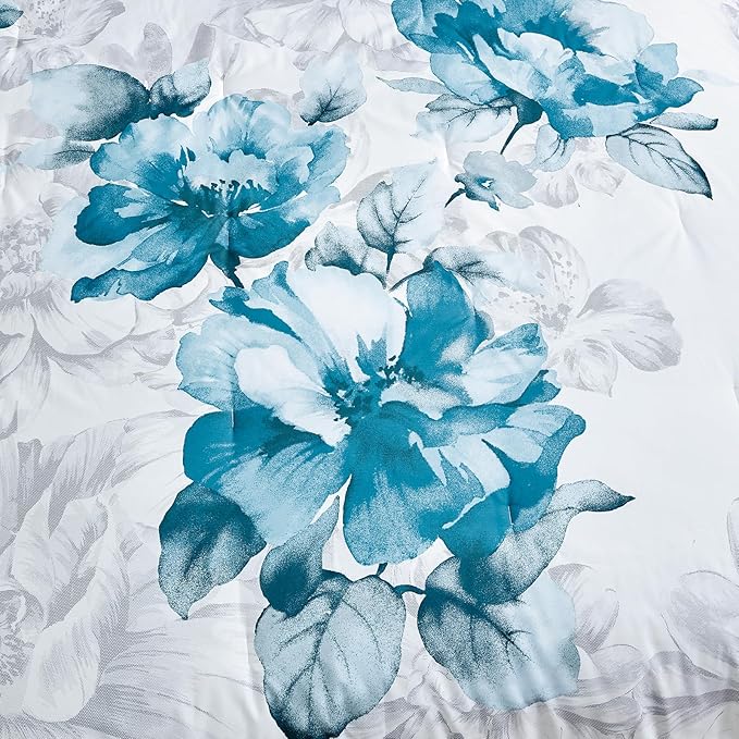 Sunshine Nicole Soft Brushed Microfiber Comforter Set, 7 Pieces King, with Light Weight Soft Poly Fill, Printed Teal Grey Big Florals Face with Print Reverse