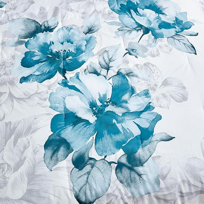Sunshine Nicole Soft Brushed Microfiber Comforter Set, 7 Pieces King, with Light Weight Soft Poly Fill, Printed Teal Grey Big Florals Face with Print Reverse