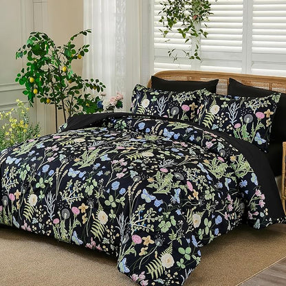 Yiran Black Green Floral Comforter Set Queen Size, 7 Piece Botanical Comforter Bedding Set, Farmhouse Bed in a Bag, Soft Microfiber Complete Bedding Set with Sheets for All Season