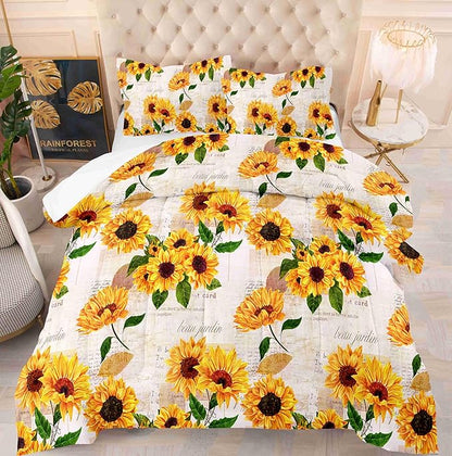 Watercolor Sunflower Comforter Set with 2 Pillowcases King Size Spring Floral Quilt Bedding Set with 1 Comforter and 2 Pillow Covers for Bedroom Dormroom All Season