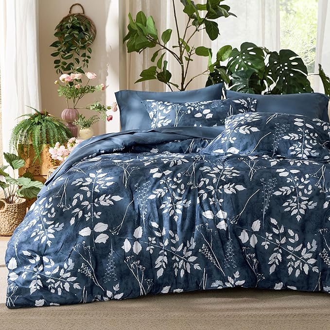 Bedsure Navy Oversized Queen Comforter Set - 7 Pieces Floral Bedding Sets Oversized Queen Bed in a Bag with Reversible Botanical Flowers Comforter, Sheets, Pillowcases & Shams
