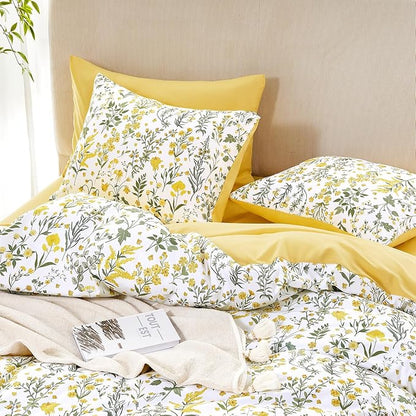 Wake In Cloud - Floral Comforter Set, Shabby Chic Cottage Garden Botanical Flower Style with Elegant Wildflower Pattern, Soft Lightweight Bedding, 3 Pieces, Yellow White, Twin/Twin XL Size
