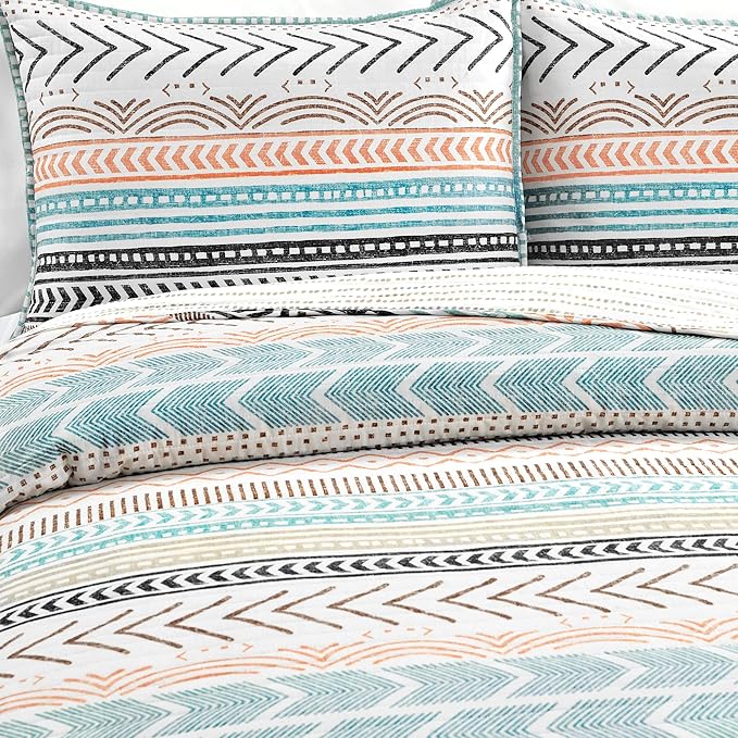Lush Decor Hygge Geo Pattern Striped 3 Piece Quilt Bedding Set, King, Neutral & Multicolored