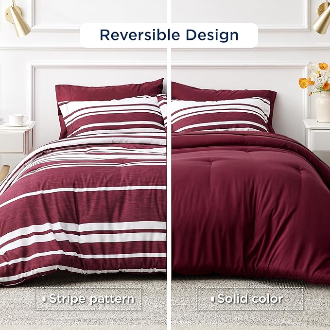 Bedsure Queen Comforter Set 7 Pieces, Burgundy Striped Bedding Set for All Seasons, Reversible, Cationic Dyeing Bed in a Bag with Comforter, Sheets, Pillowcases & Shams