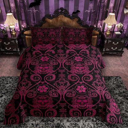 Feelyou Adults Pink Vintage Damask Floral Comforter Set Oriental Antique Comforter Queen Size Exotic Sugar Skull Rose Bedding Set Gothic Bohemia Boho Duvet Set Quilt Set 3Pcs