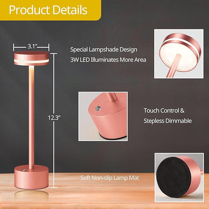 Cordless Table Lamp, Portable Rechargeable Bedside Lamp, Touch Stepless Dimmable Desk Lamp, for Home Bedroom Hotel Restaurant Bar Outdoor, 2 Set, Rose Gold